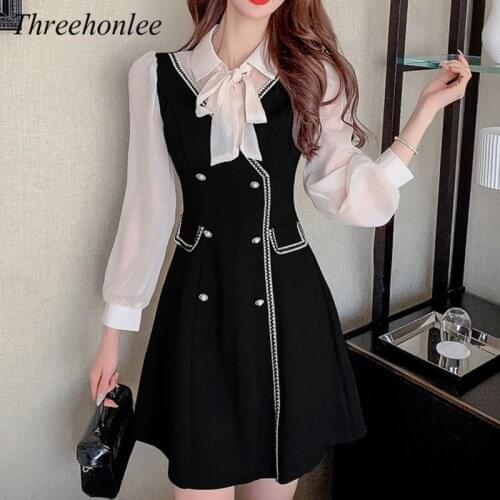 Sweet Women Dress Korean New Spring Summer Turn-down Collar Bow Patchwork Silm Mini Elegant Party Female Dresses Vestidos