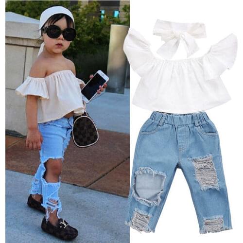 Fashion Toddler Girls Kids Off Shoulder Tops Denim Pants Jeans Outfits Set Clothes 1-6Y
