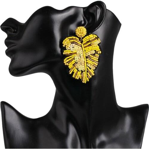 MOFLO Colorful Creative Big Green Sequin Plant Palm Leaf Earrings Seed Bead Monstera Earrings