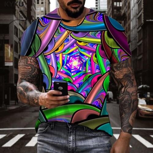 KYKU Brand Dizziness T shirt Men Abstract Funny T shirts Gradient Shirt Print Colorful T-shirts 3d Short Sleeve summer New Slim