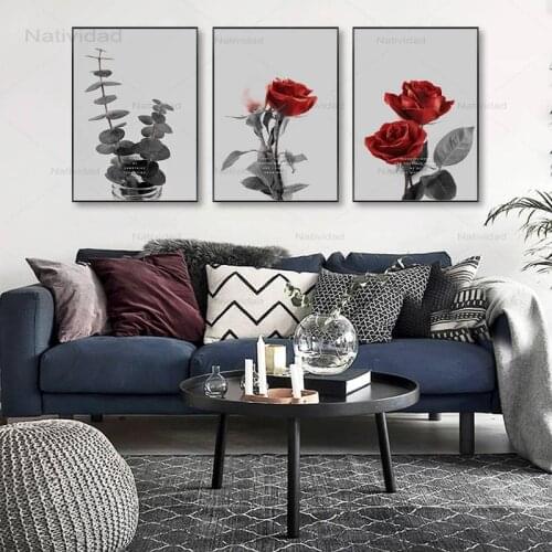 Wall Art Posters Vintage Red Rose Nordic Flower Leaves Black White Frameless Canvas Painting Scandinavian Living Room Home Decor