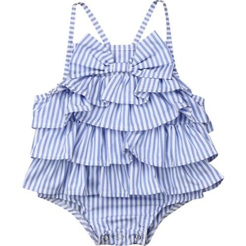 New Summer Baby Girls Striped Bow Holiday Beach Swimsuit Sleeveless Ruffle Bodysuit Outfits