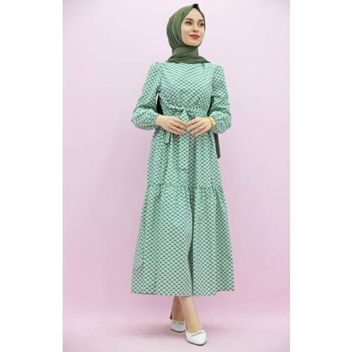New Season Summer Trend Muslim Dress Flower Pattern Hijab Dress Green