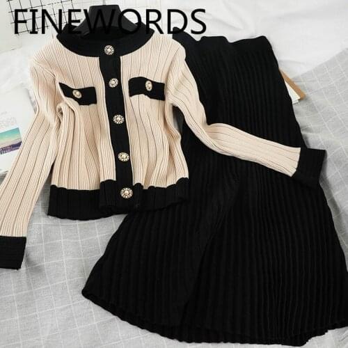 FINEWORDS Autumn 2 Pieces Set Dresses Elegant Beige Knitted Dress Korean O Neck Long Sleeve Dress Winter Women Two Piece Outfits