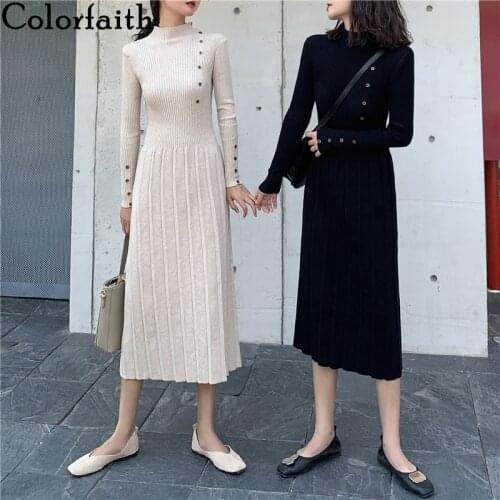 Colorfaith New 2019 Spring Winter Women Dresses knitted Empire Long Sweater Buttons Pleated Elegant Solid Casual Slim DR4765