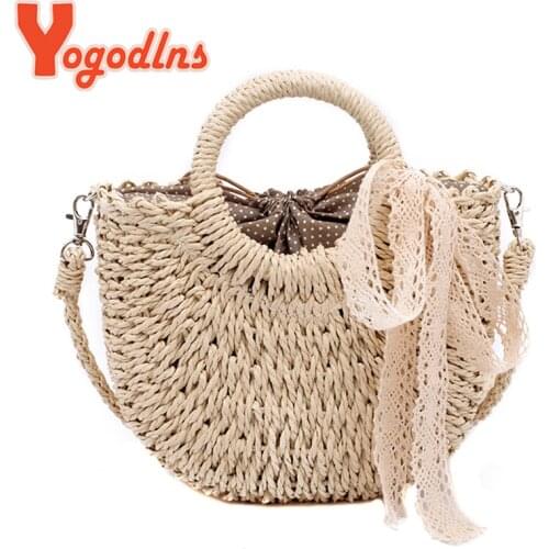 Yogodlns New Straw Bag Women Hand-Woven Handbag Moon Shape Rattan Bag Big Capacity Drawstring Casual Travel Beach Shoulder Bag