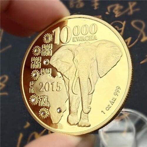 Drop Shipping 2015 Zambia Republic 1oz.999 African Elephant 10000 Kwacha Gold Animal Commemorative Coin Souvenir Coins Gifts