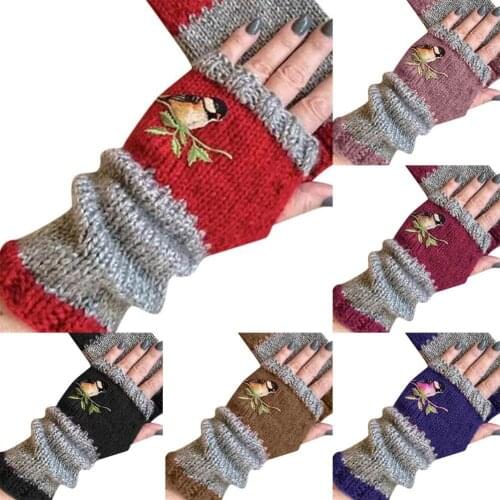 Birds Embroidery Gloves Women Knitted Fingerless Plus Velvet Color Block Splice Mittens Womens Girls Gloves Rekawiczki Damskie