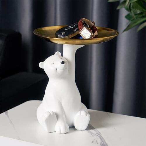 Nordic Cute Statues Sculpture Storage Tray Resin Polar Bear Miniature Figurine Home Decoration Desk Accessories Bedroom Decor