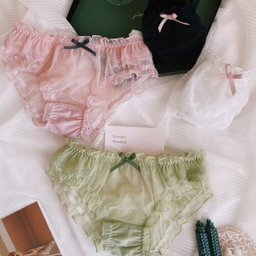 Sexy Lace Mesh Womens Panties Breathable Seamless Female Thong Underwear Cute Bow Ruffled Low Waist Ladies Briefs Lingerie