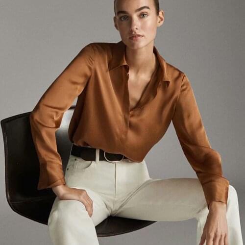 New Elegant Office Ladies Fancy Casual Blouses and Shirts For Women Formal Solid Silk Satin High Quality Long Sleeve Blouse Tops