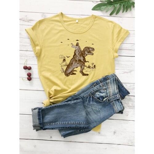 Colored Jesus riding dinosaur Christian t-shirt unisex women graphic grunge tumblr hipster Fashion 100% Cotton tee top tshirt
