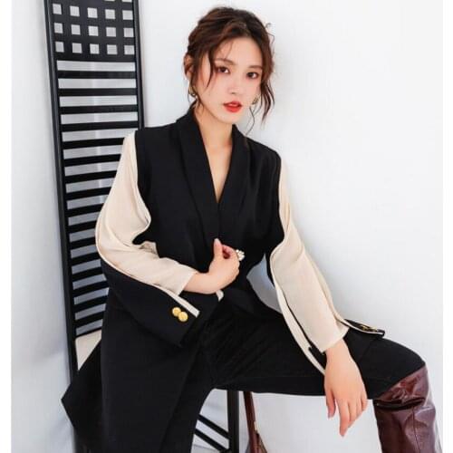 Black White Patchwork Women Blazer Jacket Autumn Notched Transparent Sleeve Belted Blazer Suit Coat OL Casual Outwear Korean Top
