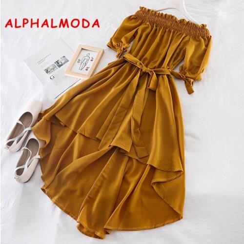 ALPHALMODA Irregular Hem Off-shoulder Pullover Women Summer Holiday Dress Short-sleeved Ladies Casual Beach Casual Chiffon Dress