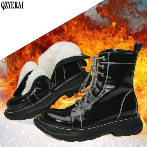 Winter Snow Boots Women Shoes Genuine Leather Flat Platform Motorcycle Boots Zip Fur Lining Boots Ladies Black