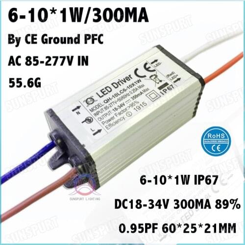 5 Pcs CE IP67 Ground 10W AC85-277V LED Driver 6-10x1W 300mA DC18-34V Constant Current LED Power For LED Spotlight Free Shipping