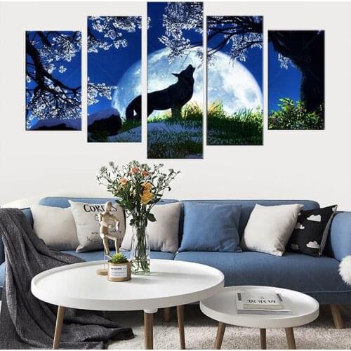 HD Printed 5 Pieces Canvas Paintings Animals Howling Wolf Blue Moon Cherry Blossoms Night Wall Pictures For Living Room Decor
