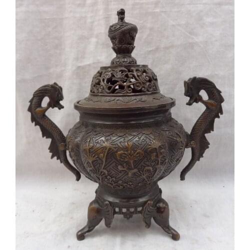 Bi002128 10" Tibet Bronze Buddhist Dragon Flower Statue Elephant Incense Burner Censer