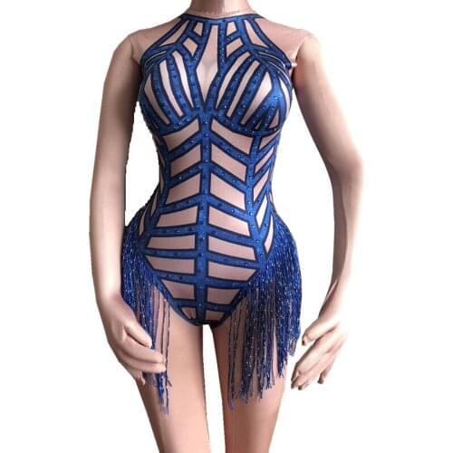 4 Colors Sparkly Crystals Tassels Sleeveless Bodysuit Sexy Women Dance Teams Jazz Costume Bar Party DJ Show Latin Stage Wears