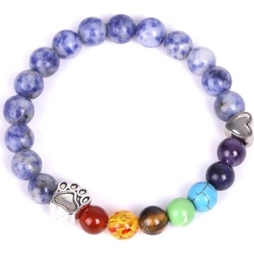 8mm Seven Chakra Stone Beads Bracelets Dog Cat Footprint Paw Heart Charms Bracelet Pet Lover Strench Jewelry Hit