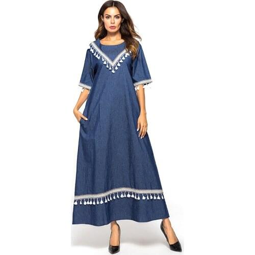 Denim Muslim Abaya Dress Women Elegant Tassel Ramadan Hijab Vestidos Islamic Clothing Musulman Turkey Moroccan Kaftan Ropa Robe