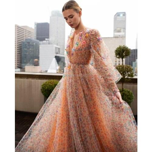 Elegant V Neck A-Line Evening Dress Floor-Length Long Sleeves Butterfly Prom Dress Robe De Soiree Aibye Middle East Dubai