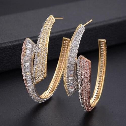 EYER Luxury High-end Asymmetric Three-color Cubic Zircon Big Round Earrings For Woman Engagement Wedding Party Earrings Jewelrys