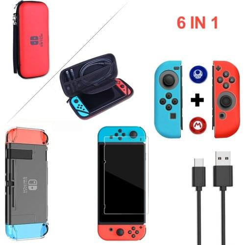 For Nintendo Switch 6 In 1 Game Accessories Set Protect Bag Black Red Blue Travel Carrying Bag Screen Protector Charging Cable
