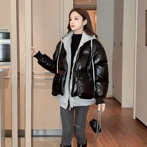 Korean fake two piece hooded pocket loose Slouchy bread coat womens loose cotton coat