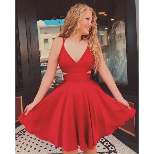 Short Satin V-Neck Homecoming Dresses with Cut Outs Spaghetti Lace Up Back Knee Length Red Abendkleid Robes de Soirée for Women