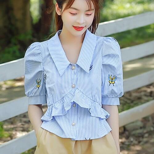 Chemisier Femme Puff Sleeve Short Blue Striped Button Shirt Women Clothes Tops Summer 2021 Ruffles Chiffon Blouse Woman Shirts