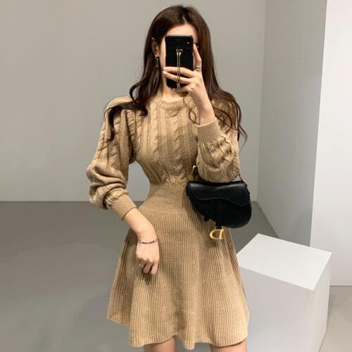 Fashion Autumn Winter Knitted Dress Women Twist Pattern Umbrella Pleated Dress Elegant Thick Lantern Sleeve Mini Sweater Dresses