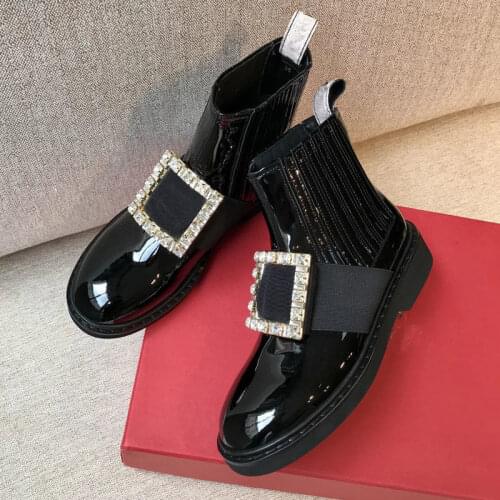 Fashion Round Toe Women Flat Chelsea Boots Rhinestone Square Buckle Women Martin Boots Rubber Female Flat Boots