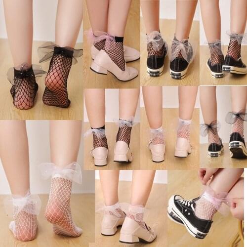 DOIAESKV Fashion Womens Harajuku Black Mesh Short Ankle Socks Grid Fishnet Docks Sexy Bow Funny Ladies Socks In The Net Socks