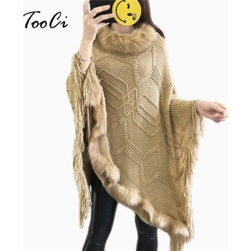 New Spring Women Faux Fur Bat Sleeve Ponchos And Capes Round-Neck Fur Collar Knit Tassel Khaki Sweaters And Pullovers Coat