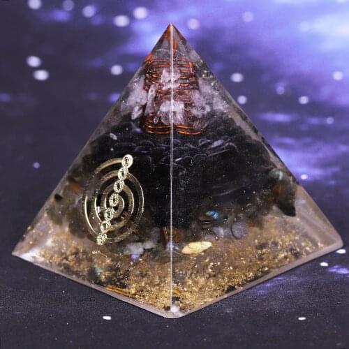 Orgonite Pyramid Muladhara Chakra Obsidian Natural Crystal Labradorite Repel Evil Spirits Pyramid Decoration Process Resin Gift