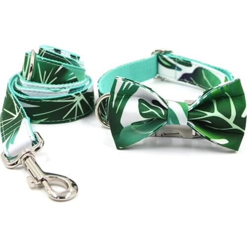 Dog Collar with Name Engraved Green Leaves Printing Stylish Pet Collar and Leash Set with Bow Tie Durable Nylon Dog Collar Leash