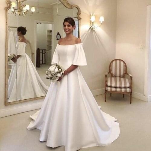 Simple A Line Off The Shoulder Wedding Dresses half sleeves Wedding Bridal Gowns Sweep Train Casual Dresses Zipper Back