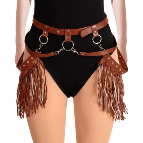 Sexy Rivet Leather Punk Harness Skirt Binding Thigh Fringe Jewelry Western Cowboy Clothing Fashion Club Carnival Wear For Women