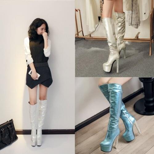 New Sexy 15cm Thin High Heels Knee High Boots Women Fashion Pleated PU Leather Platform Long Boots Spring Autumn Ladies Shoes