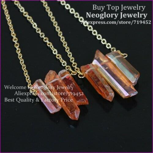 5PCS Beautiful Orange Flame Raw Aura Quartz Fluorite Spike Necklace Druzy Point Arrow Boho Gems with Gold Brass Chain