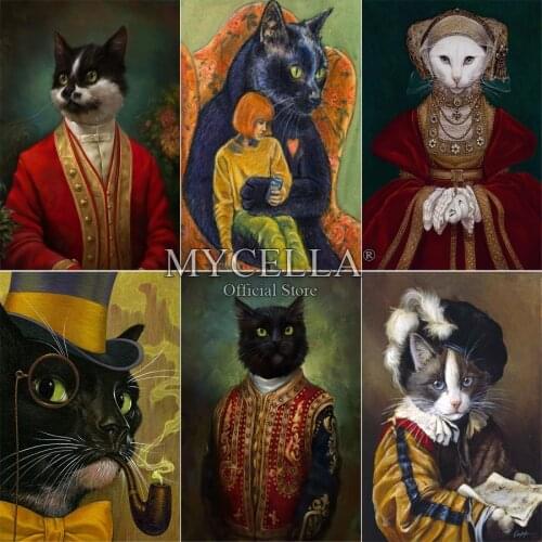 5D DIY Diamond Painting Needlework Gentleman Cat Full Round Drill Diamond Embroidery Animal Pattern Rhinestone Mosaic Home Decor