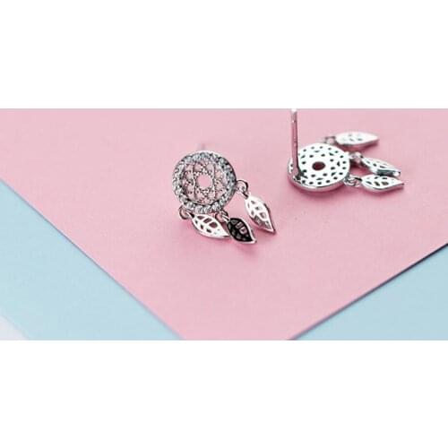 925 Sterling Silver Simple CZ Dream Catcher Feather Post Stud Earrings Jewelry A1964