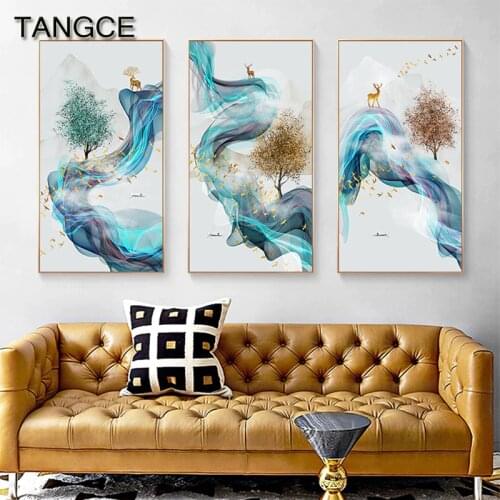 Abstract Blue Clouds Canvas Art Lucky Deer Posters and Prints Modern Wall Art Pictures for Living Room Nordic Poster Home Decor
