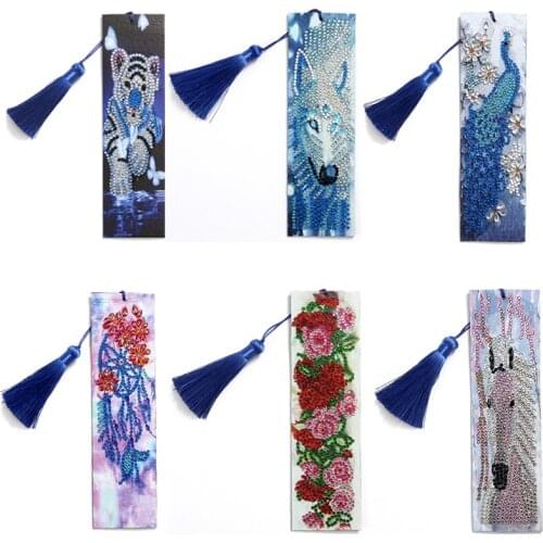 5D DIY Animal Special Shaped Diamond Painting Bookmark PU Leather Tassel Bookmark DIY Rose Diamond Embroidery Gift