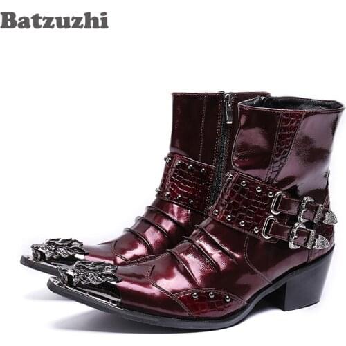 Batzuzhi Western Men Ankle Boots Punk Style Pointed Metal Tip Buckles Mens Cowboy Boots High Top Botas Hombre 6.5cm Heels, US12
