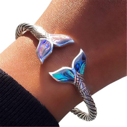 Abalone Shell and Mermaid Tail Bangle Bracelet Adjustable Open Hand Chain for Women Girls jlrr