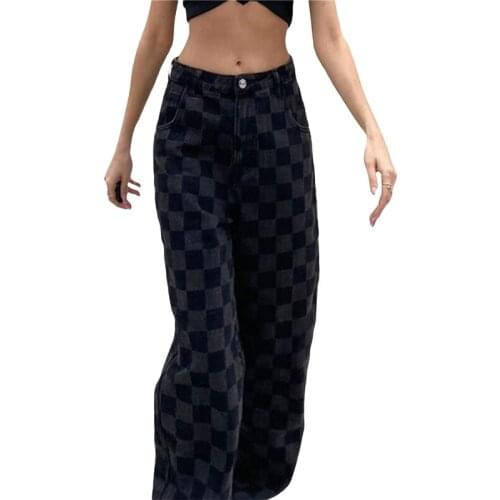 Fashion Streetwaer Women Wide Leg Pants High Waist Checkerboard Plaid Printing Loose Long Pants with Pockets