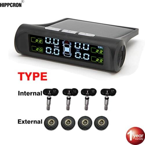 Hippcron Tire Pressure Alarm Sensor Monitor System Internal / External Tpms Car Display Temperature Warning Solar Power Charging
