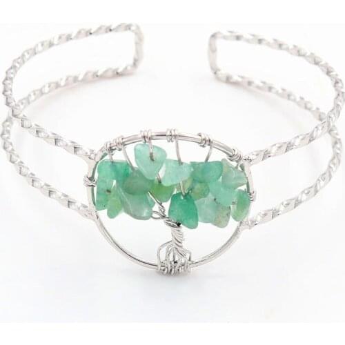 FYJS Unique Silver Plated Wire Tree of Life Bangle Natural Green Aventurine Jewelry